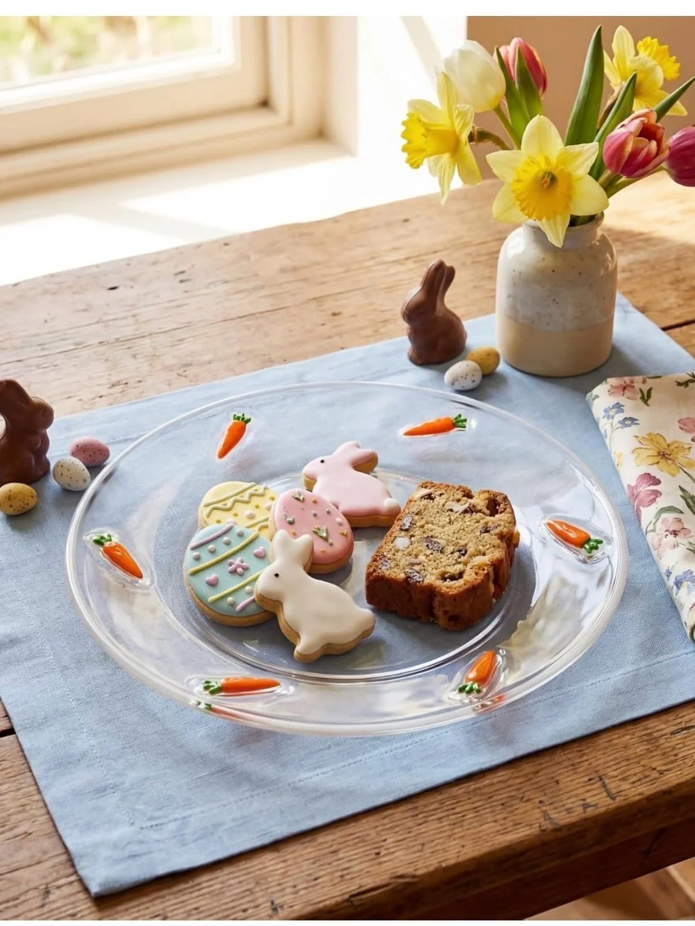 Set of 2 Easter Glass Serving Plates - Carrot and Bunny Designs.